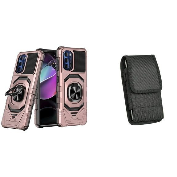 Case with Belt Holster Bundle for Moto G Stylus 5G 2022: Heavy Duty Shield Cover (Rose Gold) and Vertical Nylon Phone Pouch