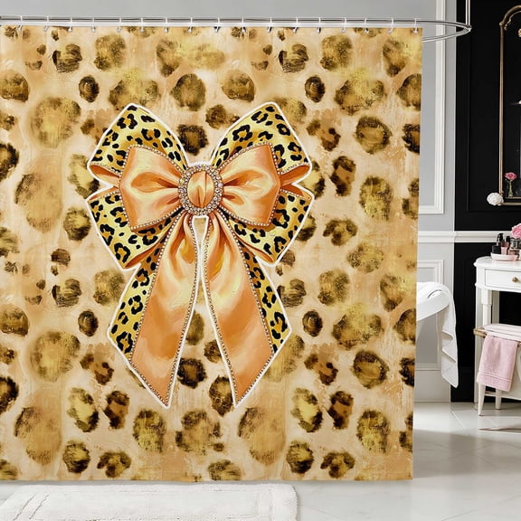 Erosebridal Elegant Satin Bow Ribbon Shower Curtain 72Wx72L for Girls, Romantic Floral Print Waterproof Bathroom Curtain