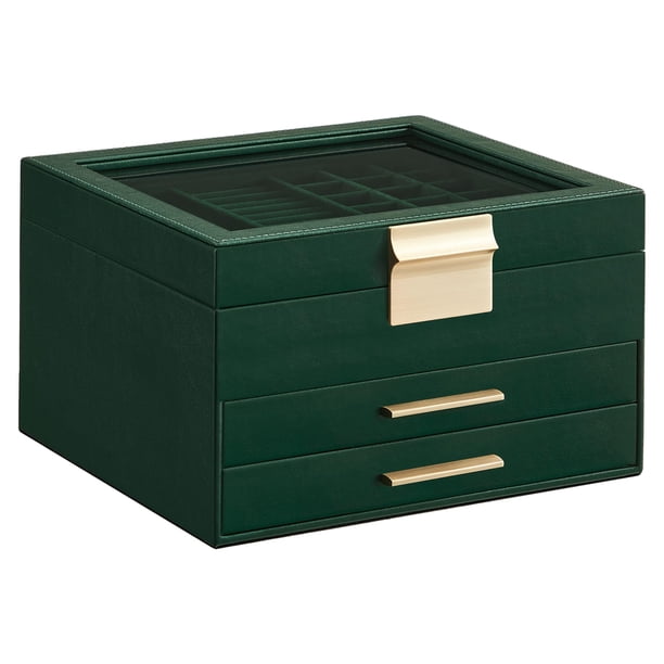 Joyero SONGMICS, organizador de 3 capas con tapa de cristal, color verde bosque