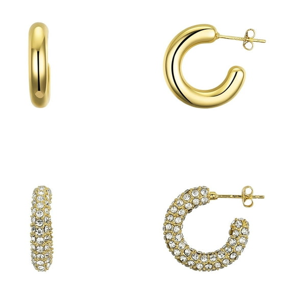 Believe by Brilliance Women's 14Kt Gold Flash Plated Crystal and Plain Chunky Post Hoop Earring Set