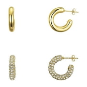 Believe by Brilliance Women's 14Kt Gold Flash Plated Crystal and Plain Chunky Post Hoop Earring Set