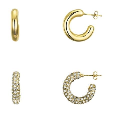 Believe by Brilliance Women's 14Kt Gold Flash Plated Crystal and Plain Chunky Post Hoop Earring Set