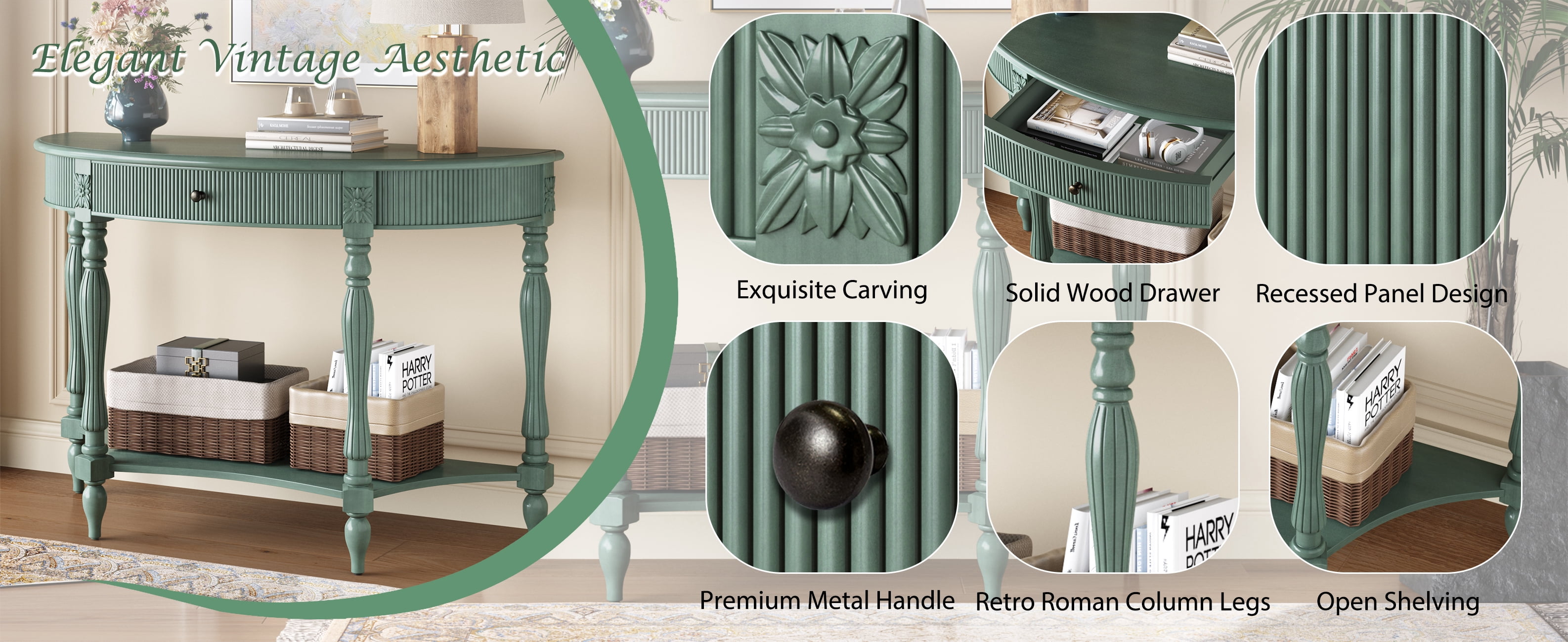 Solid Wood Half Moon Console Table with Drawer & Shelf, Fluted Vintage Curved Entryway Table for Hallway Living Room Foyer, Narrow Space Sofa Table with Roman Column Carved Legs, Rustic Green
