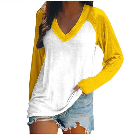 Lmnyox Women's Long Sleeve T Shirt V Neck Color Block Tops Summer Loose Casual Basic Tees Trendy