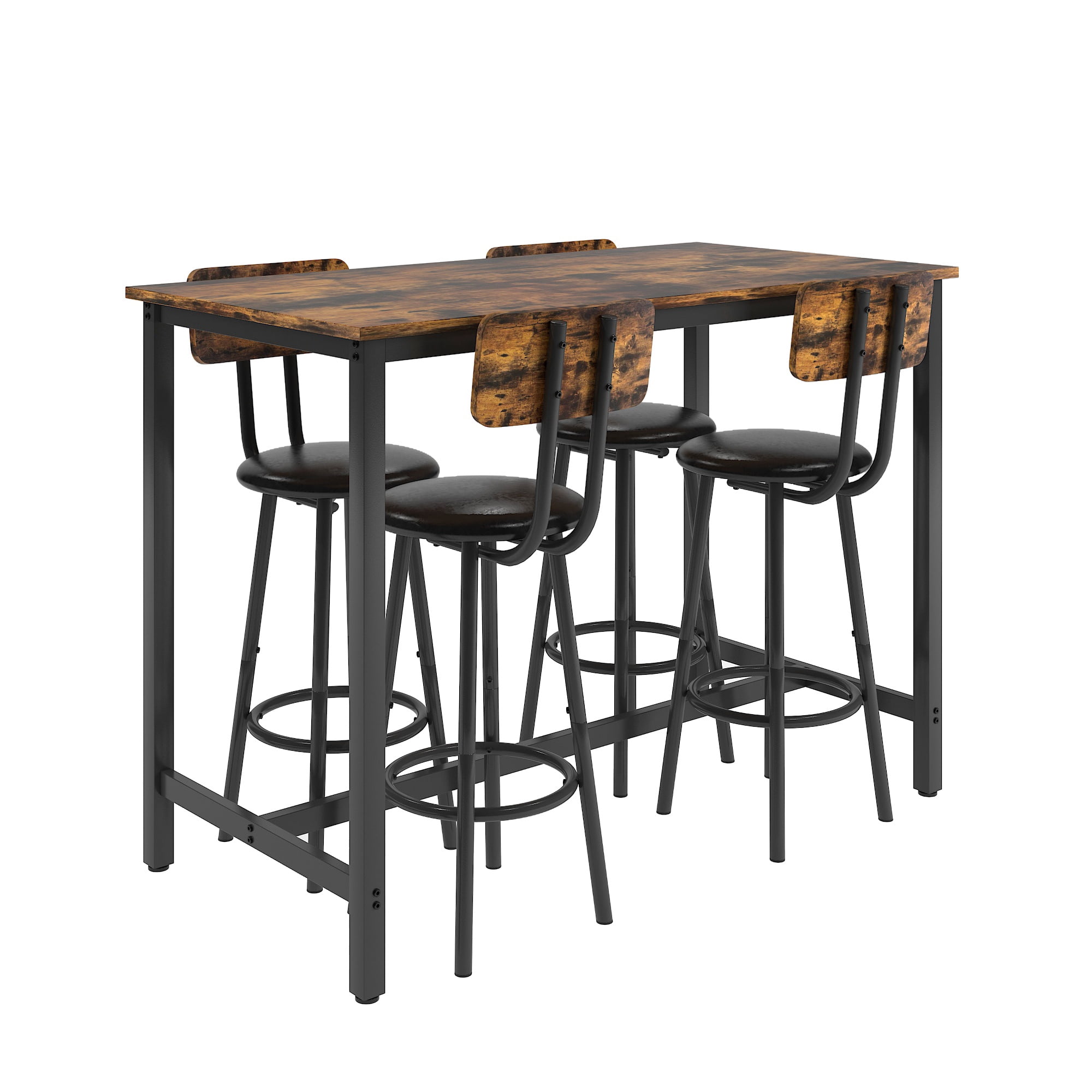 PORKISS Counter Height Dining Set for 4, Breakfast Bar Table Set with Table and 4 Leather Cushion Chairs, Wood Top Pub Table & Chair Set for Kitchen Apartment Bistro, Brown