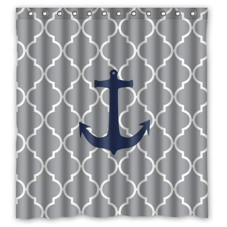 HelloDecor Grey Moroccan Tile Quatrefoil with Anchor Shower Curtain Polyester Fabric Bathroom Decorative Curtain Size 66x72