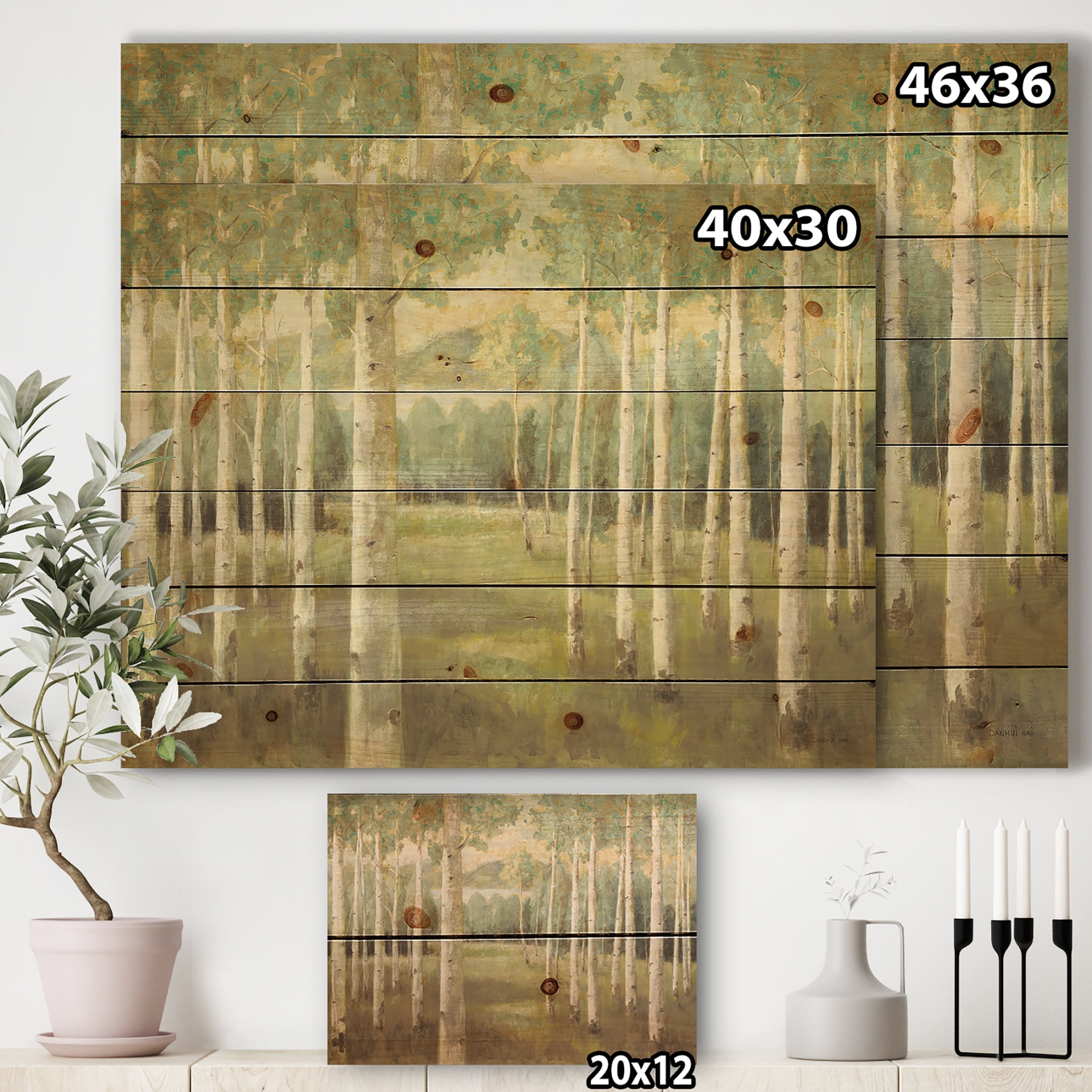 Designart 'Abstract Aspens Neutral Forest' Traditional Print on Natural Pine Wood