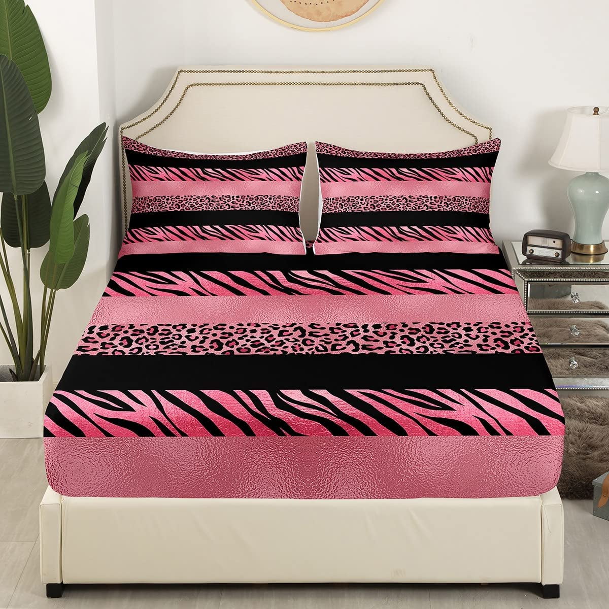 QIBAIDAN Homewish Pink Leopard Print Fitted Sheet Full Size Cheetah
