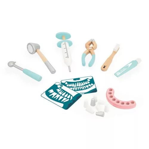 Janod - Dentist's Case - Pretend Play Occupational Toy - 9 Wooden and Cardboard Accessories Included - Boosts The Imagination - Water-Based Paints - 3 Years +