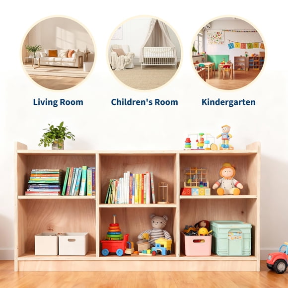EDTara Kids’ Montessori Shelf, Wooden 6-Compartment Organizer With Two Adjustable Dividers for Toys and Books