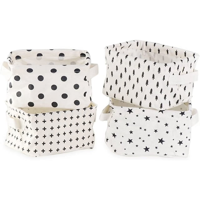 Laklulu - Práctica caja de almacenamiento con cajón de tela de lino, organizador de escritorio plegable de algodón para maquillaje y juguetes, estampado de estrellas, puntos y árboles, color blanco
