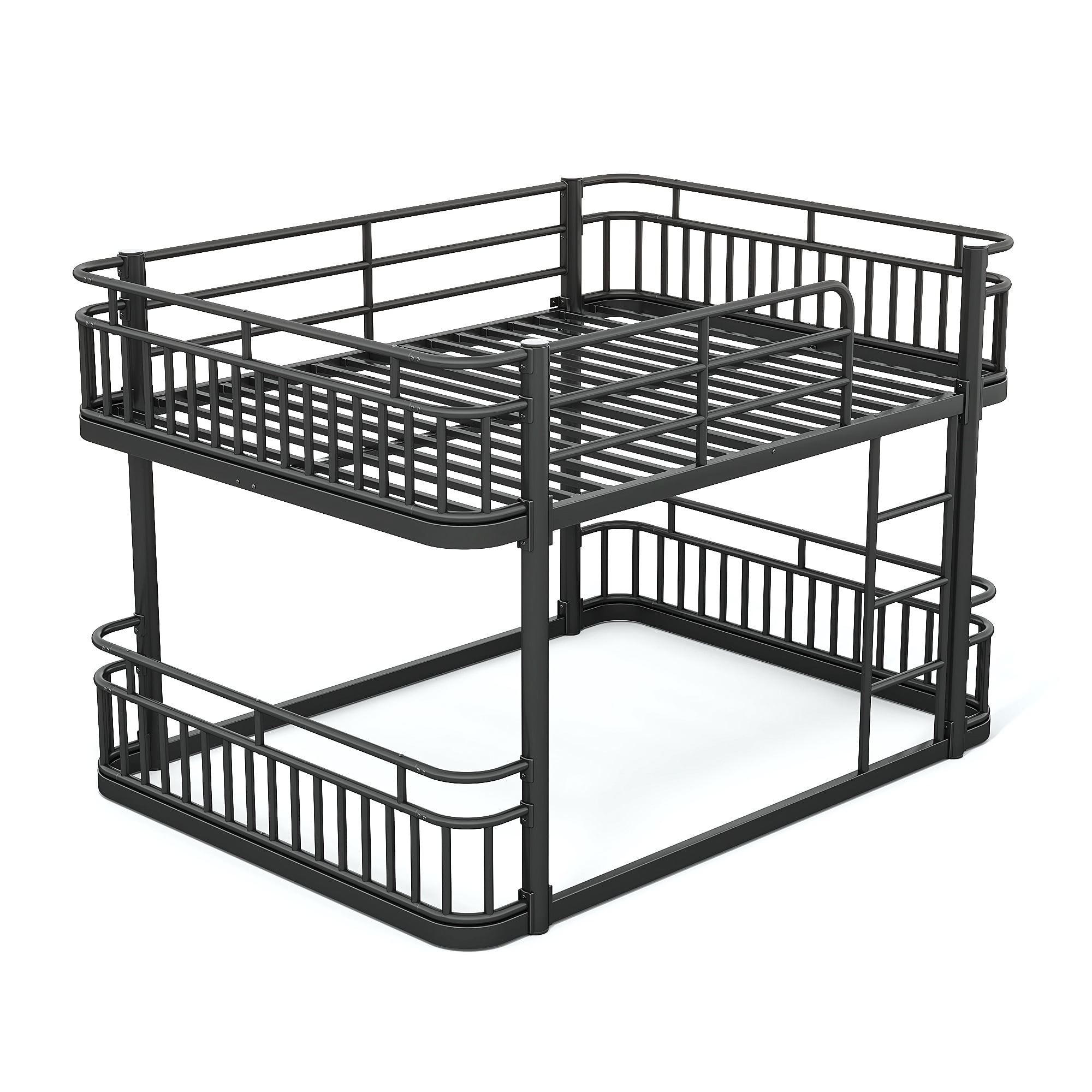Queen Over Queen Bunk Bed 81.5 Inch, Metal Bed Frame with Ladder and Guardrails for Kids Teens Adults, Sturdy Round Pipe Construction, No Box Spring Needed, Black