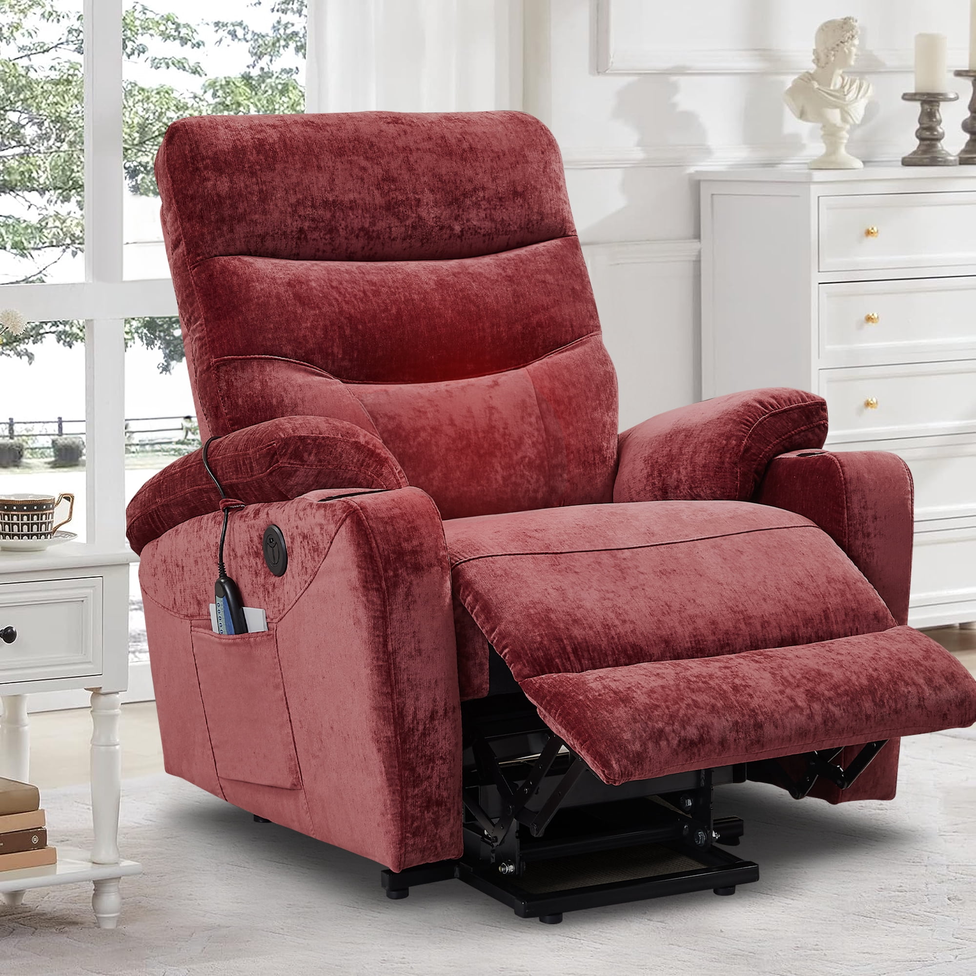 Aukfa Electric Power Lift Recliner Chair with Massage and Heat, USB Ports, 2 Side Pockets, Cup Holders for Elderly, Red