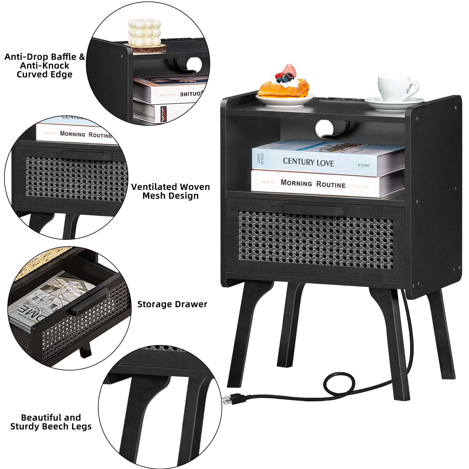 LEYAOYAO Nightstand with USB Ports, Woven Rattan Bedside Table with 1 Drawer and Lift-Up Legs, for Boho Bedroom, Black