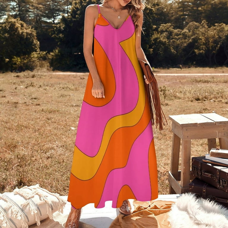 60s and 70s Groovy Retro Pattern Sleeveless Dress Aesthetic clothing Long dresses Walmart