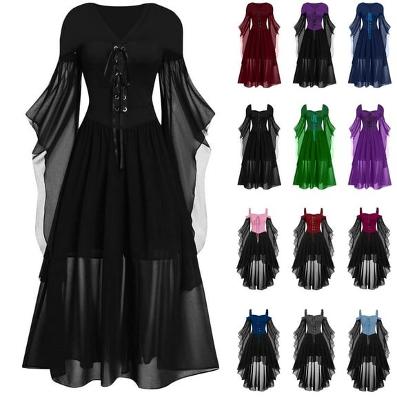 BiZtdJrK Women's Gothic Punk Dress Masquerade Cosplay Party Dress Sexy Mesh Patchwork Dresses Butterfly Sleeve Gown Dress Daily Sales Navy