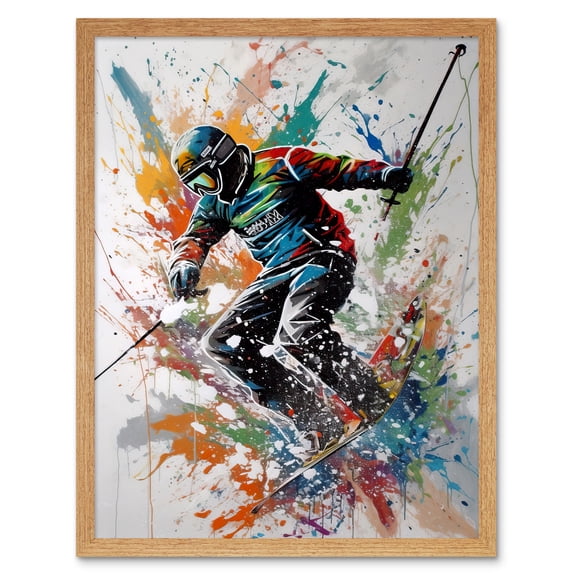 Skier Skiing Multicoloured Paint Splat Action Shot Art Print Framed Poster Wall Decor 12x16 inch