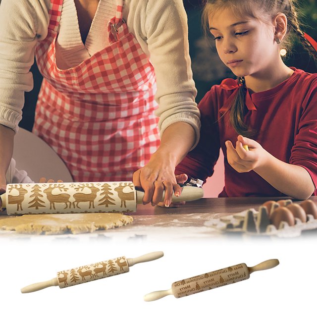 Boovnll Rolling Pin, Christmas Rolling Pin Engraved Carved Wood Embossed Rolling Pin Kitchen Tool, Kitchen Gadgets, Rolling Pins for Baking, Dough Roller