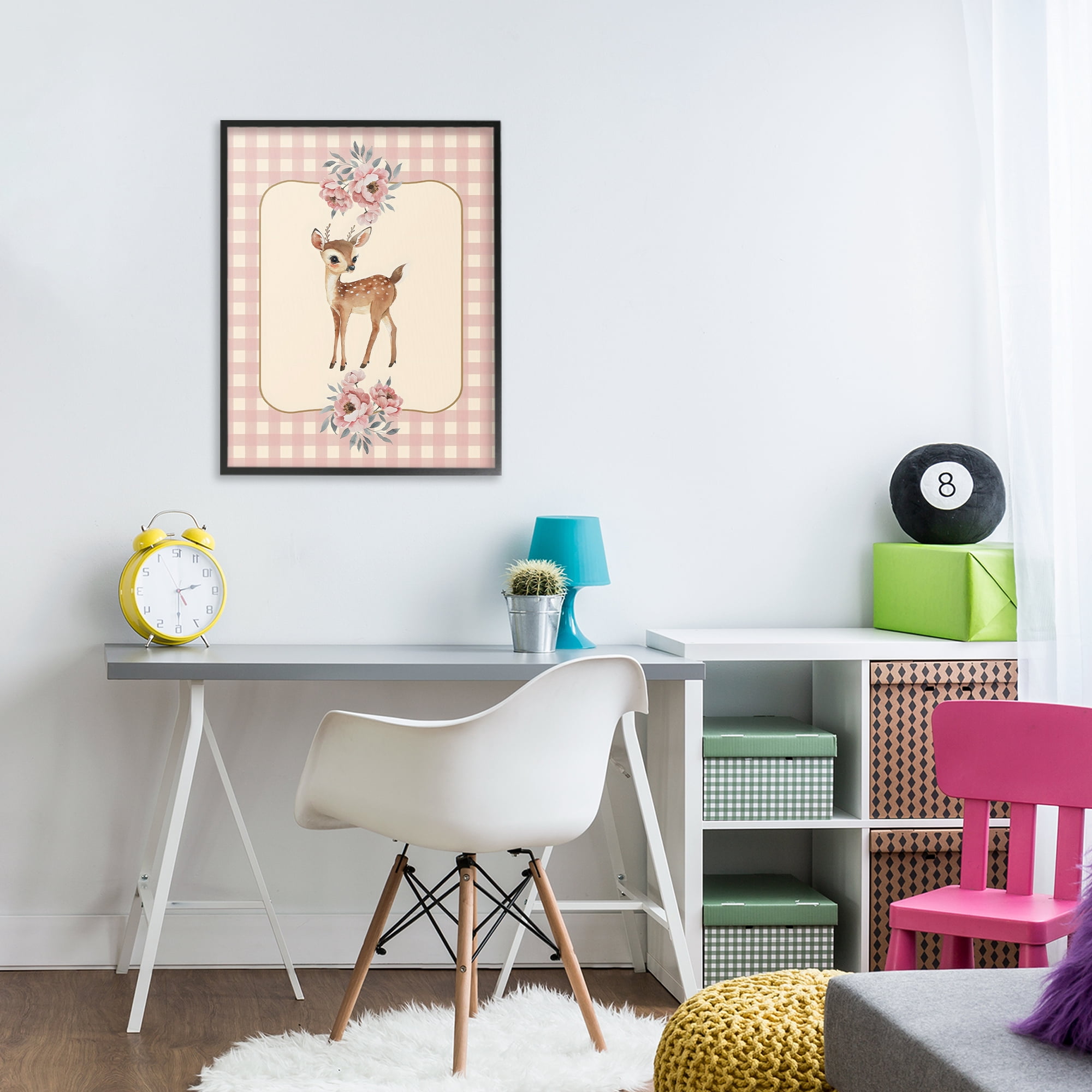 Stupell Industries Baby Deer Pink Gingham Black Framed Giclee Art, design by LSR Design Studio