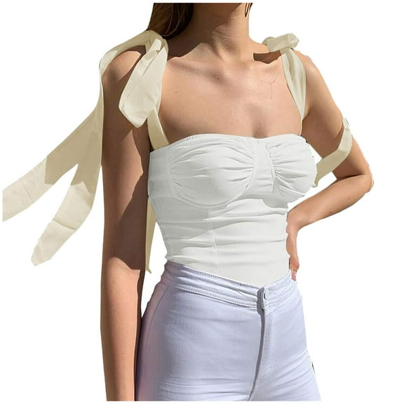 Women Summer Tops Women's Sleeveless Camisole Tie Shoulder Mesh Strap Tank Crop Tops for Women Champagne Sequin Top Camisoles Pack Crop Top for Teen Juniors Casual Loose Casual White L