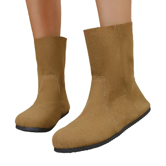 Flat Fall Boots for Women Wide Calf Soft Leather Mid Calf Booties Vintage Round Toe Pull on Ankle Boots