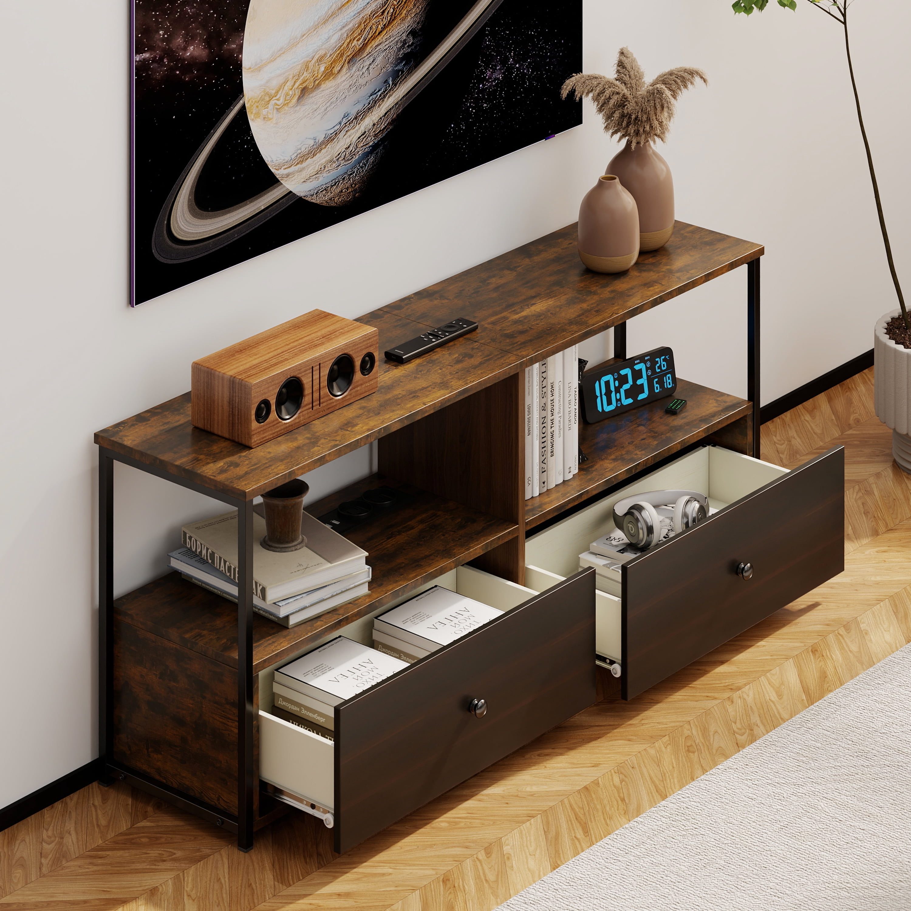 Manxile TV Stand for TVs up to 65 inch, Mid Century Modern TV Stand with 2 Drawers, Entertainment Center for Living Room, Rustic Black&Rustic Brown