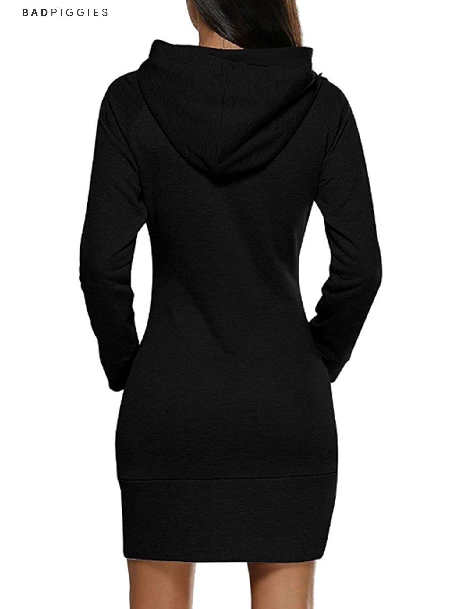 BadPiggies Women Midi Slim Dress (XL, Hoodie Sweater Cotton Sleeve Pullover Black) Dress Long Fit Pocket with