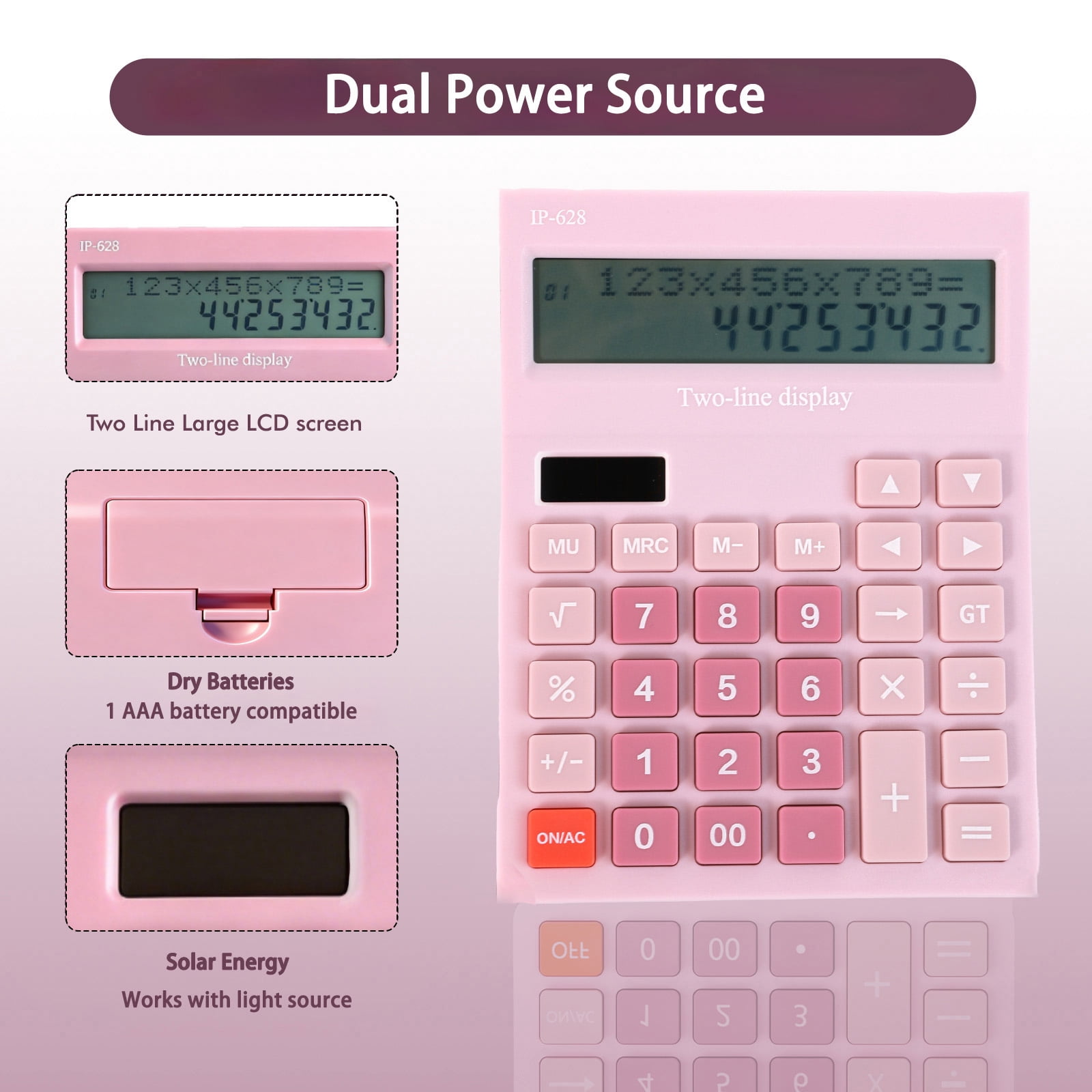 Calculators Desktop, Desk Calculator with Large 2 Line Display, Basic Calculator with Big Button, 4 Function Calculator for Business, Students, Office Supplies (Pink)