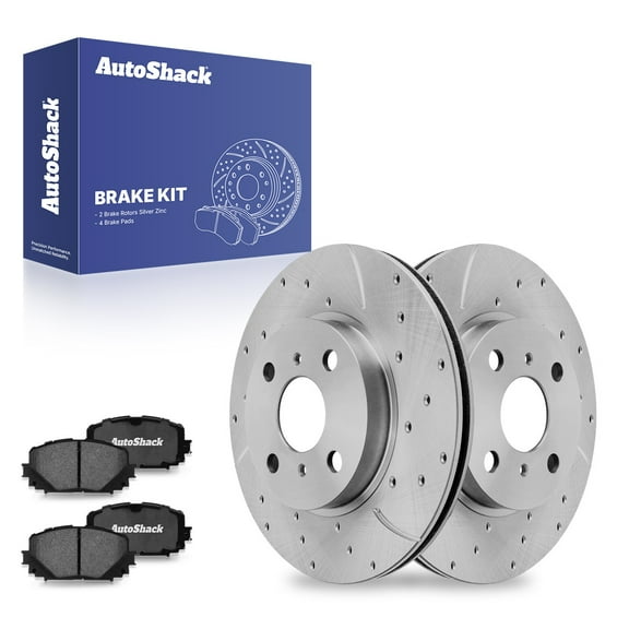 AutoShack 10.04" (255 mm) Front Vented Drilled & Slotted Brake Rotors Coated   Ceramic Brake Pads | Replacement for 2012-2018 Toyota Yaris | Silver Zinc Coated | 6-PC Brake Kit | SilverShield Pro