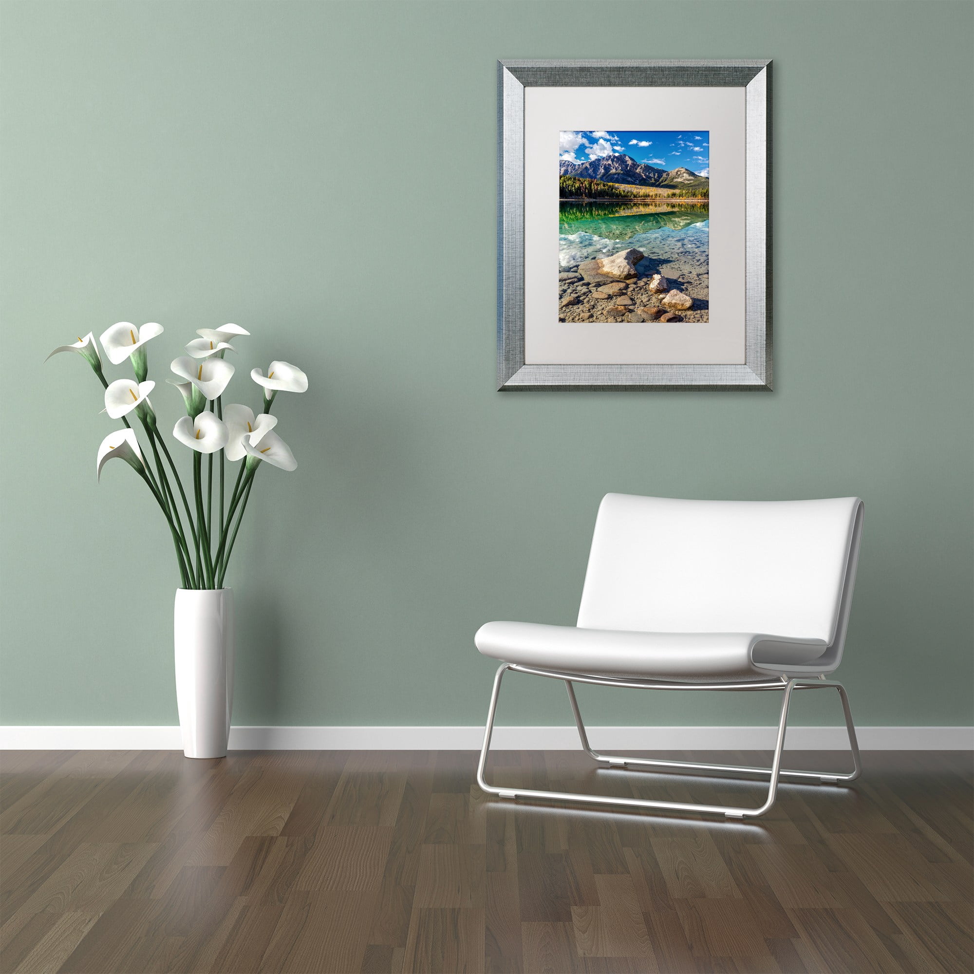 Trademark Fine Art 'Pyramid Mountain Reflection' Canvas Art by Pierre Leclerc, White Matte, Silver Frame