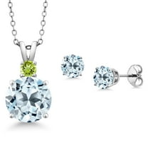 Gem Stone King 925 Sterling Silver Round Sky Blue Topaz and Green Peridot Pendant and Earrings Jewelry Set for Women (6.37 Cttw, Gemstone Birthstone, with 18 inch Chain)