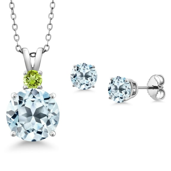 Gem Stone King 925 Sterling Silver Round Sky Blue Topaz and Green Peridot Pendant and Earrings Jewelry Set for Women (6.37 Cttw, Gemstone Birthstone, with 18 inch Chain)