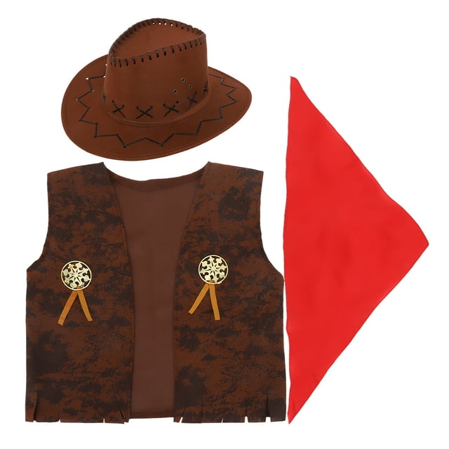 Disfraz de vaquero/vaquera infantil, conjunto de chaleco, sombrero y pañuelo para Halloween, fiesta de disfraces, cosplay, color marrón, talla 115-130 M