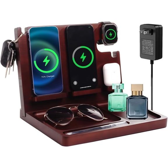 Nightstand Organizer with Dual Phone Wireless Charging Station for 2 iPhone,Apple Watch and Airpods,Bamboo Phone Docking Station,Gifts for Men Dad Husband