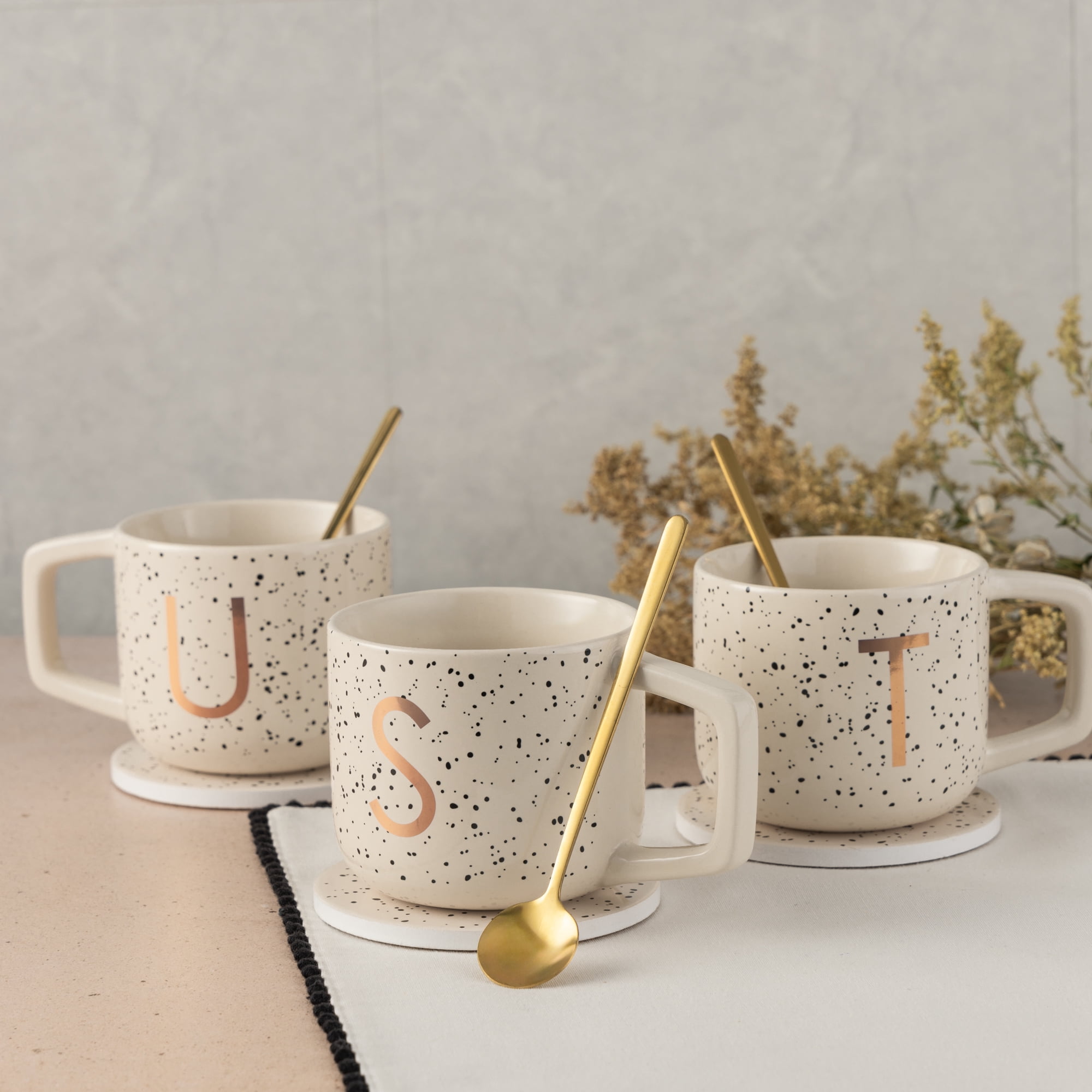 Thyme & Table 13.5 fl oz Monogram U Stoneware Mug, Coaster and Stir Set