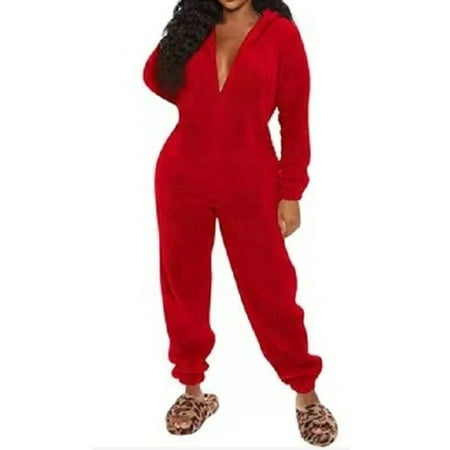 

Julycc Womens Fluffy Fleece Hooded Teddy Bear Romper Pajamas Sleepwear Jumpsuits Plus Size