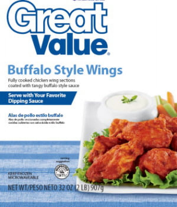 Great Value: Chicken Wing Sections Coated With Sauce Buffalo Style Wings, 2 Lb