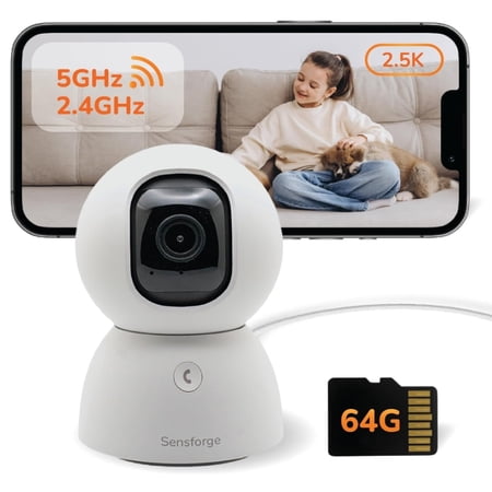 Sensforge 2.5K Indoor Pan-Tilt Dome Security Camera, AI Human & Pet Detection, 360° Coverage, Two-Way Audio, Dual-Band Wi-Fi (2.4G/5G), 64GB SD Card Included, No Monthly Fees (1, White)