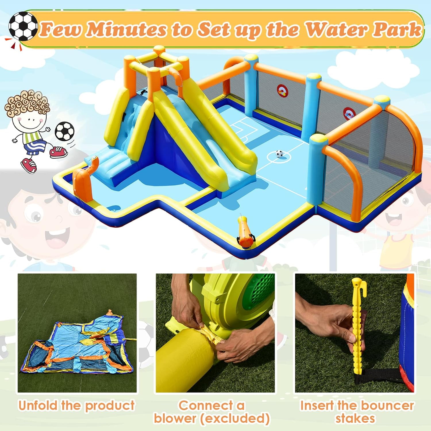 OLAKIDS Inflatable Water Slide, 8 in 1 Bounce House Water Park with Soccer Goals Splash Pool Climbing Wall Water BlasterTarget Game, Outdoor Inflatable Obstacle Course for Kids Backyard (with Blower)