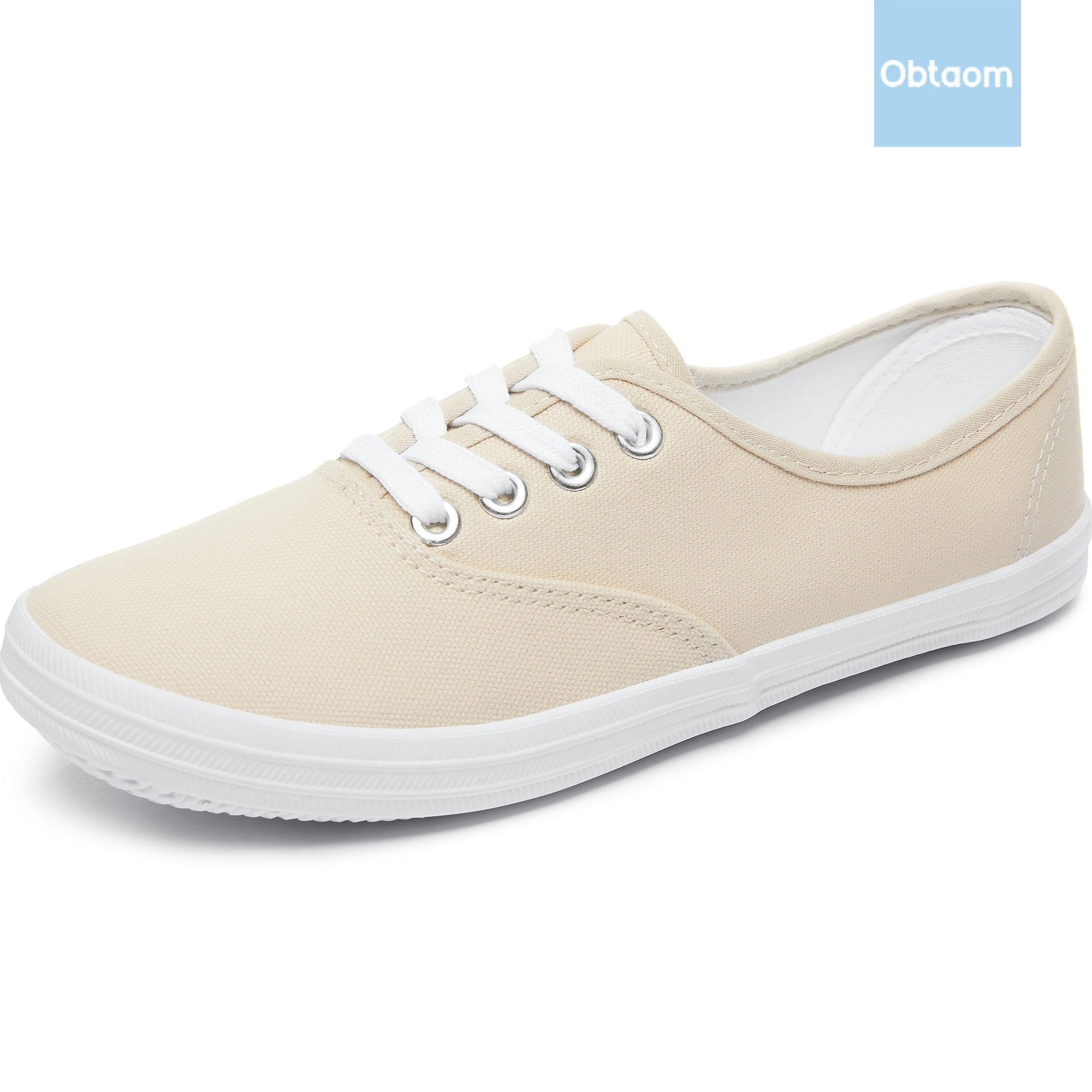 Obtaom Women’s Canvas Sneakers Fashion Lace Up Canvas Shoes,Low Top Casual Flat,Lightweight Tennis Shoes.(Beige,US9)