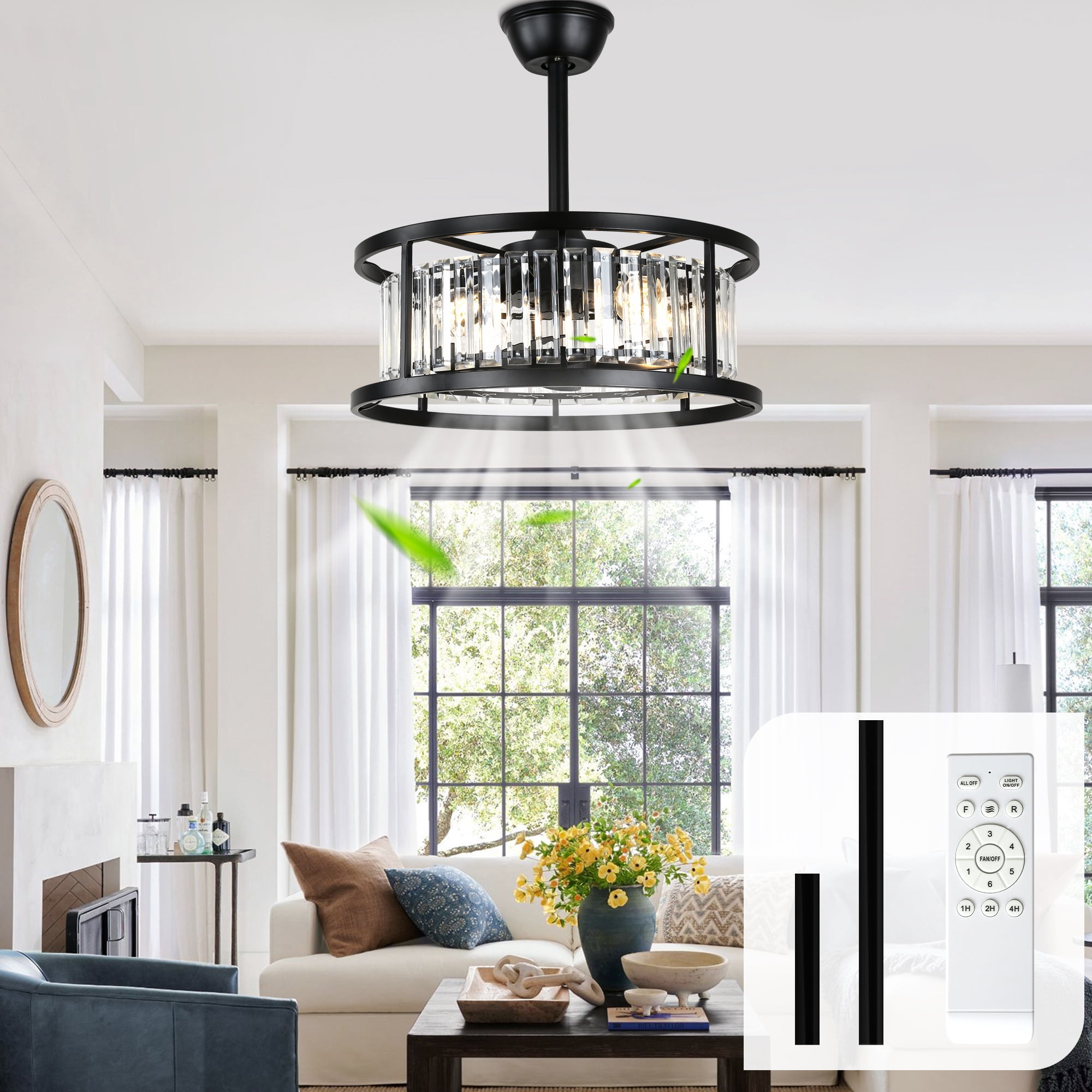 Chords Attic 20" Matte Black Crystal Ceiling Fan with Light and Remote Control, 6-Speed DC Motor for Living Room, Bedroom, Dining Room
