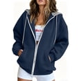 thumbnail image 2 of Jsaierl Women's Zip Up Hoodies Sweatshirts with Contrast Hood Adjustable Drawstring Kangaroo Pocket Oversized Casual Jackets S-2XL, 2 of 9
