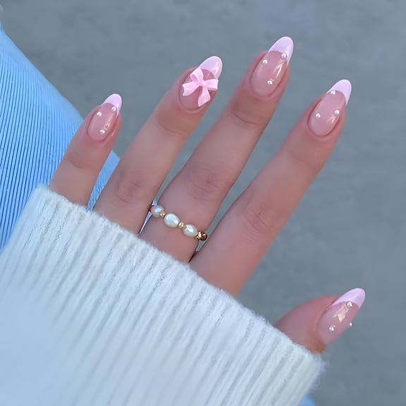 RAGUPEL Press on Nails French Tip, Medium Fake Nails with Bow Design Full Cover Pink False Nails Nail Tips Acrylic Glue on Nails Simple Style Wearable Nails Nail Art Decorations for Women 24Pcs