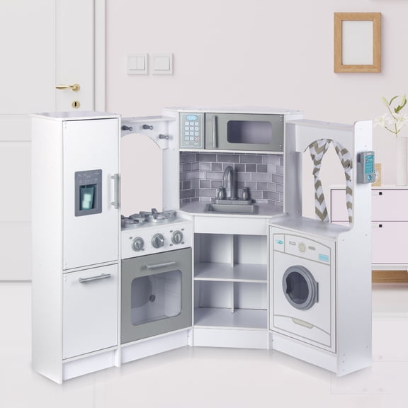 Kids House Cocina Master Chef White Kitchen: Cocina de Juguete para Niños, Modular Esquinada con Microondas, Lavabo, Cortinas Elegantes y Espacio de Almacenamiento Integrado