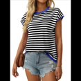 thumbnail image 2 of Camisetas de Mujer Elegantes, Informales, de Corta, con Bloques de Color, A Rayas y Cuello Redondo, Color Azul S, 2 of 8
