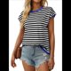 thumbnail image 2 of Camisetas de Mujer Elegantes, Informales, de Corta, con Bloques de Color, A Rayas y Cuello Redondo, Color Azul S, 2 of 8