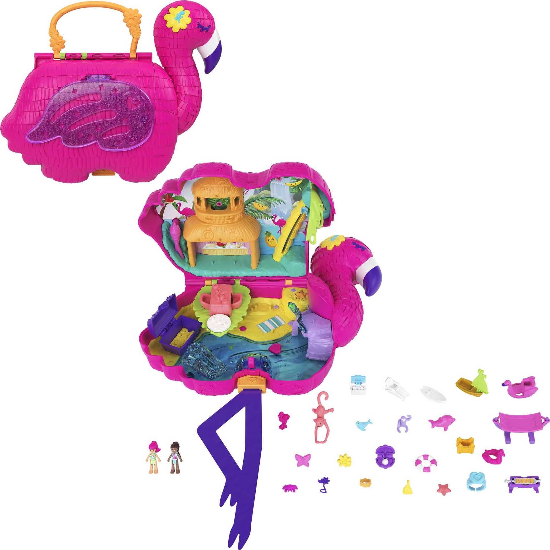 Polly Pocket Large Flamingo Party Compact, Animal Toy with 2 Micro Dolls & 26 Surprise Accessories