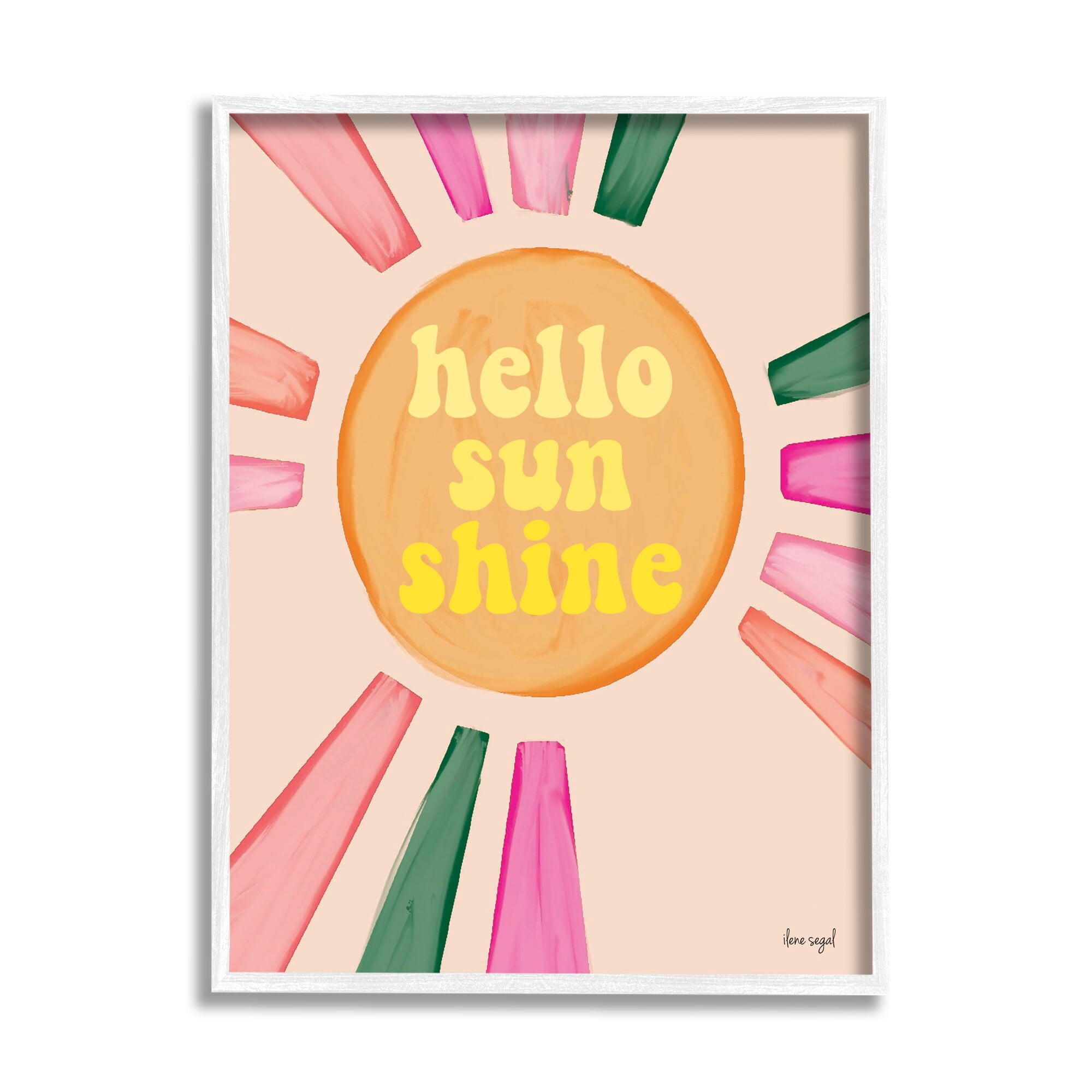 Stupell Industries Hello Sunshine Groovy Text Pink Green Sun Rays Graphic Art White Framed Art Print Wall Art, Design by Ilene Segal