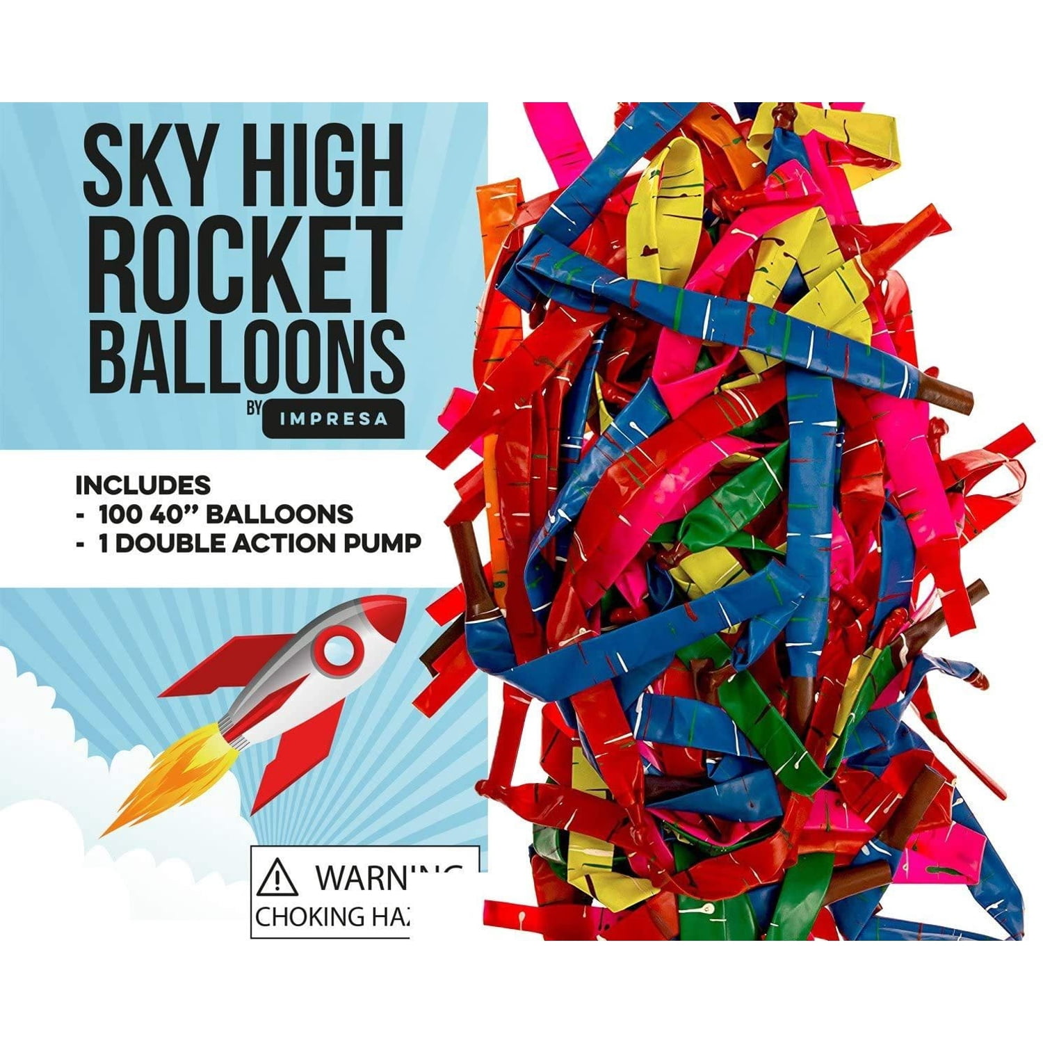 Impresa - 100-Pack of Reusable Rocket Balloons with Pump - High Quality Latex - Assorted Colors - Perfect for Parties