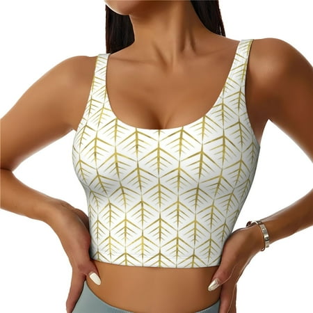 Jgfou White And Gold Geometry Print Womens Sports Bra - Padded Workout Sports Bras Crop Tank Top